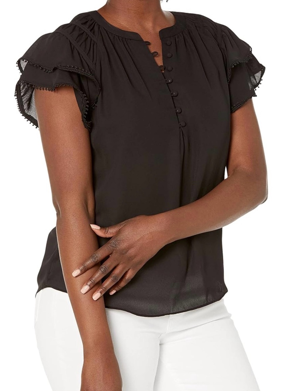 Zac & Rachel Black Ruffle-Sleeve Button Detail Blouse